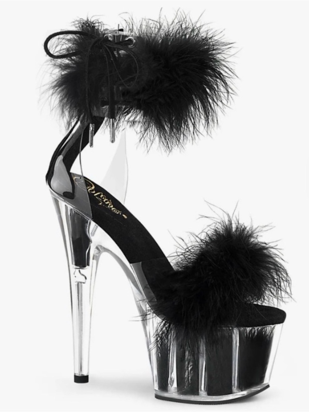 Black Feather Trim Platform High Heel Sandals